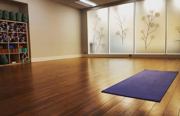Pictured is the yoga room. Lighted acrylic panels open the space for an airy look.